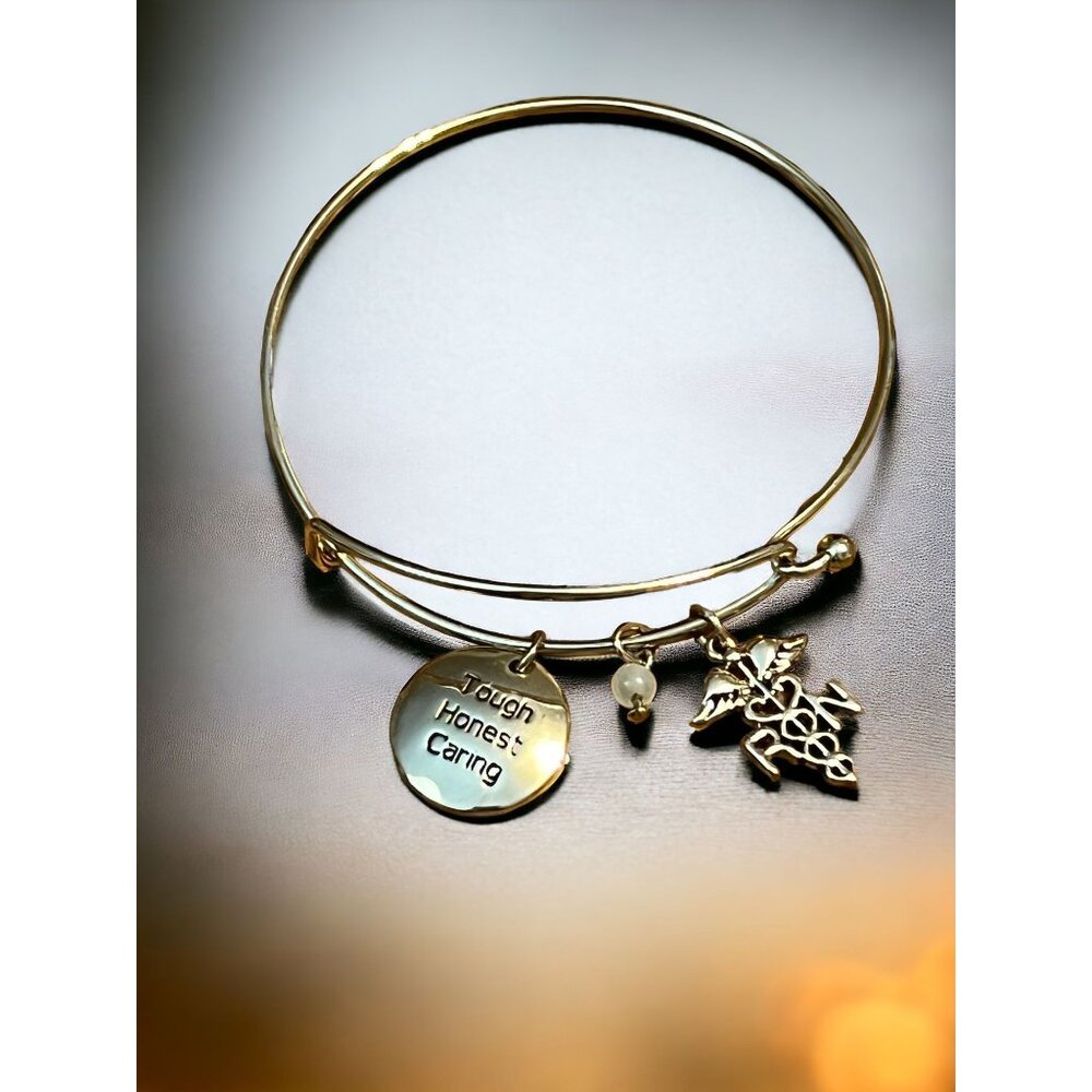 Gold Tone Adjustable Charm Bracelet RN Registered Nurse Tough Honest Caring 7.75